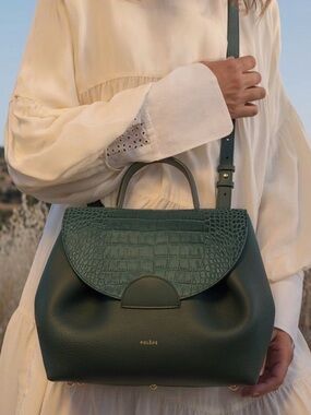 Polène Uno Forest Green Croc-Embossed Flap Leather Satchel
